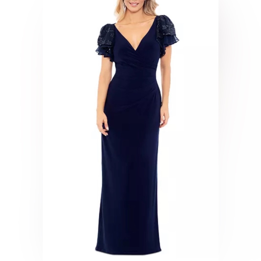 Betsy & Adam Petite Sequin Embellished Flutter Sleeve Sheath Gown Dress NWT